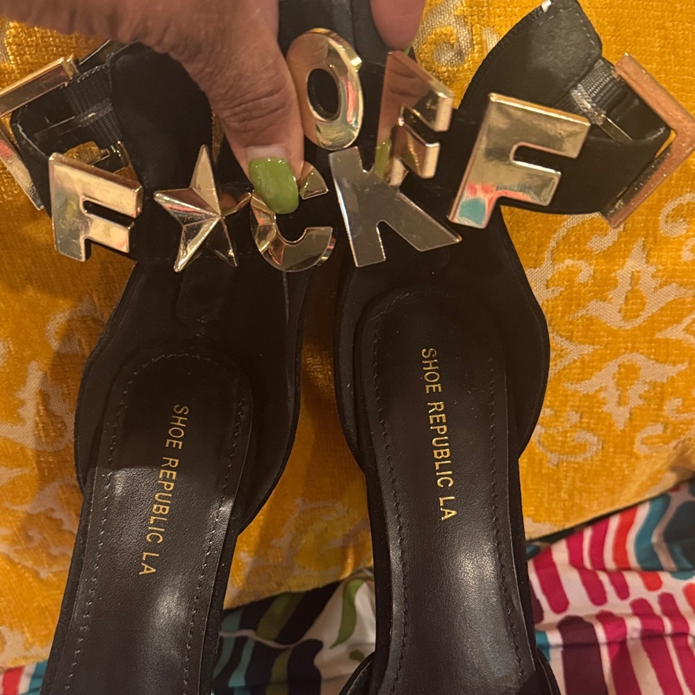 Shoe Republic LA Black Heels with Bold Gold Letters
